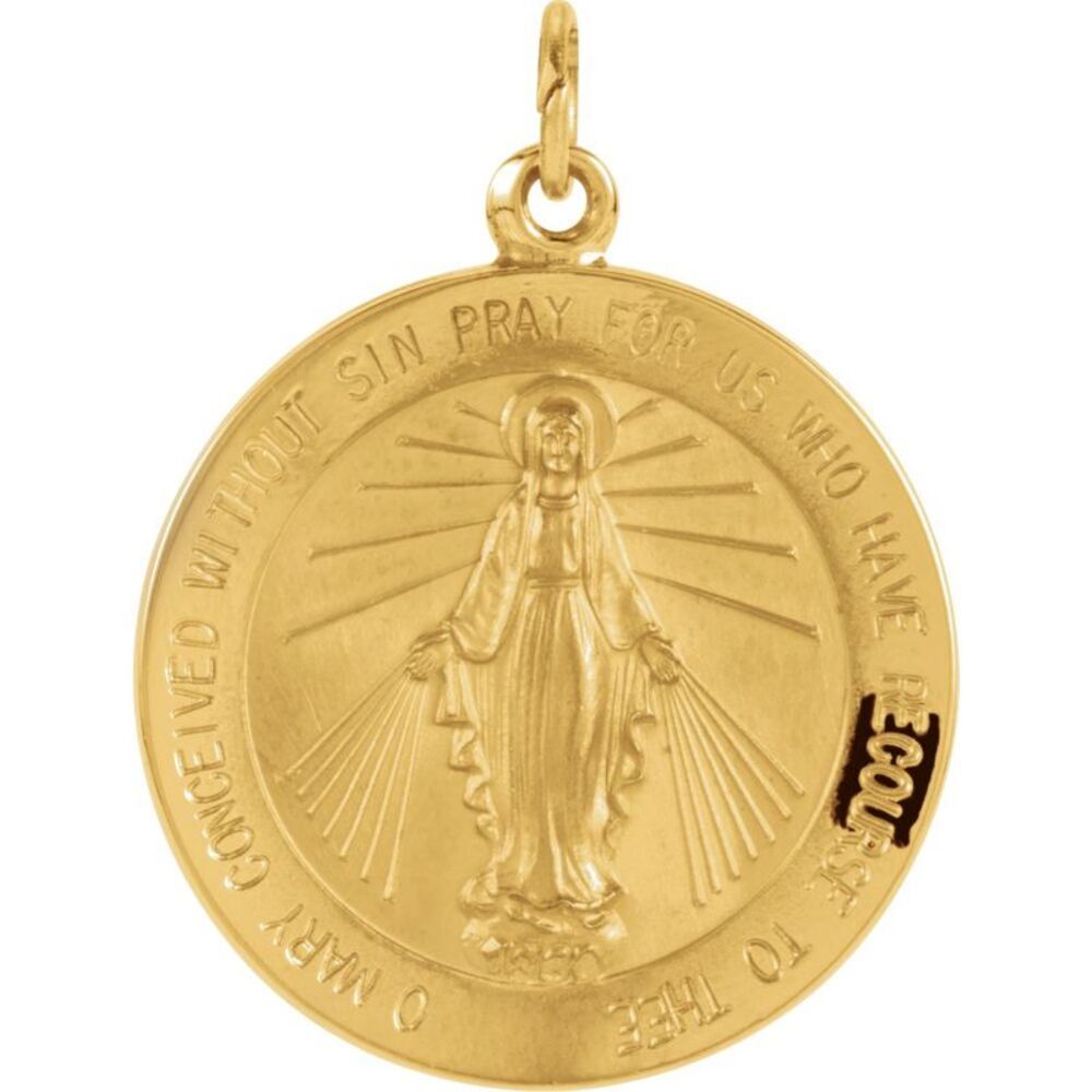 14k Yellow Gold Round Miraculous Medal Pendant, 22mm (7/8 Inch)